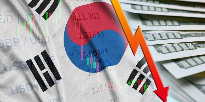 South Korea flag and chart of falling US dollar.